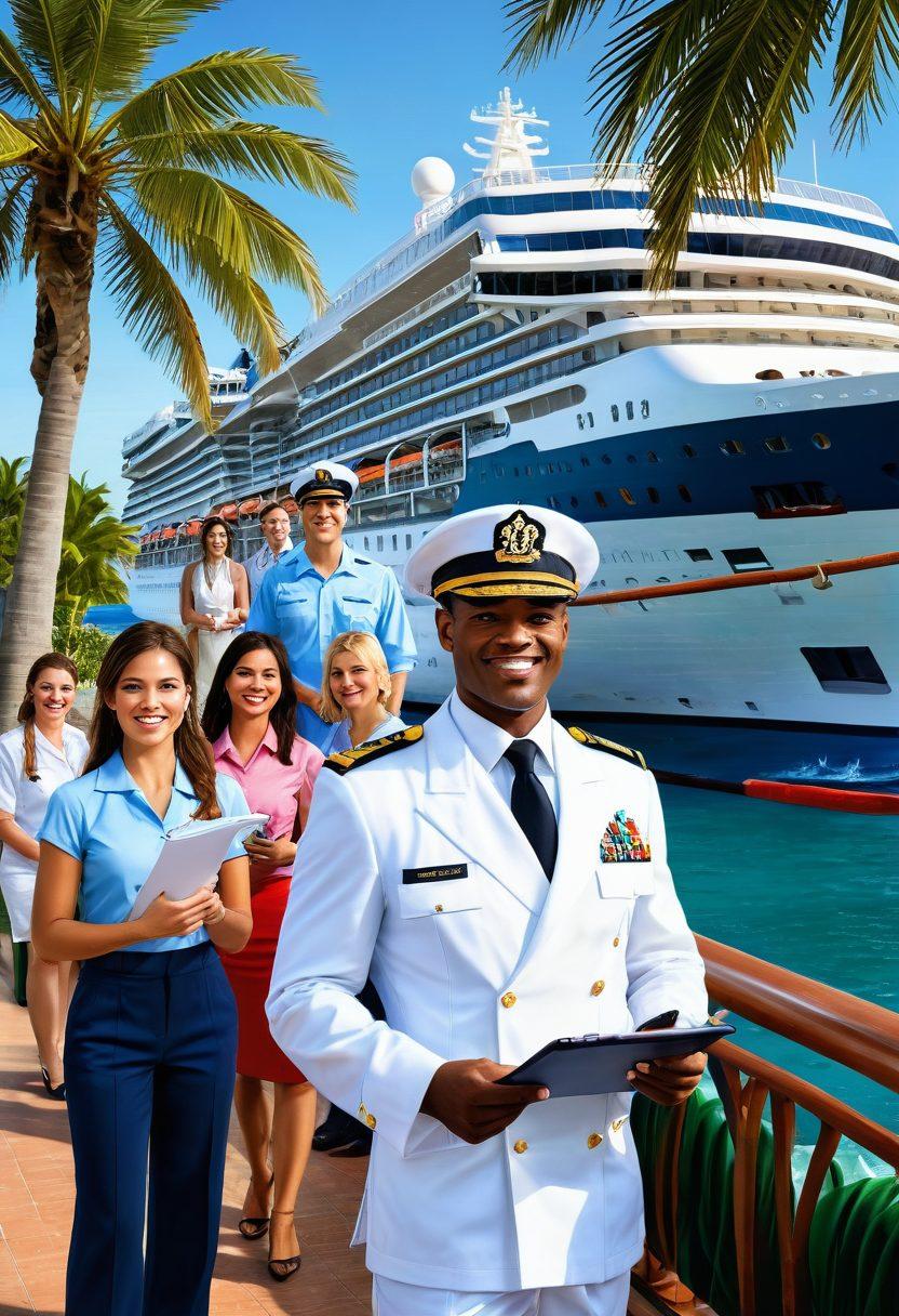 A vibrant scene depicting a diverse group of professionals in maritime and hospitality careers, including a ship captain, hotel manager, and cruise director, set against a backdrop of a luxurious cruise ship and an elegant hotel by the sea. Incorporate elements like waves, palm trees, and travel essentials like luggage and maps to evoke adventure. The image should radiate excitement and professionalism, showcasing the fusion of the maritime and hospitality industries. colorful, dynamic, illustration.