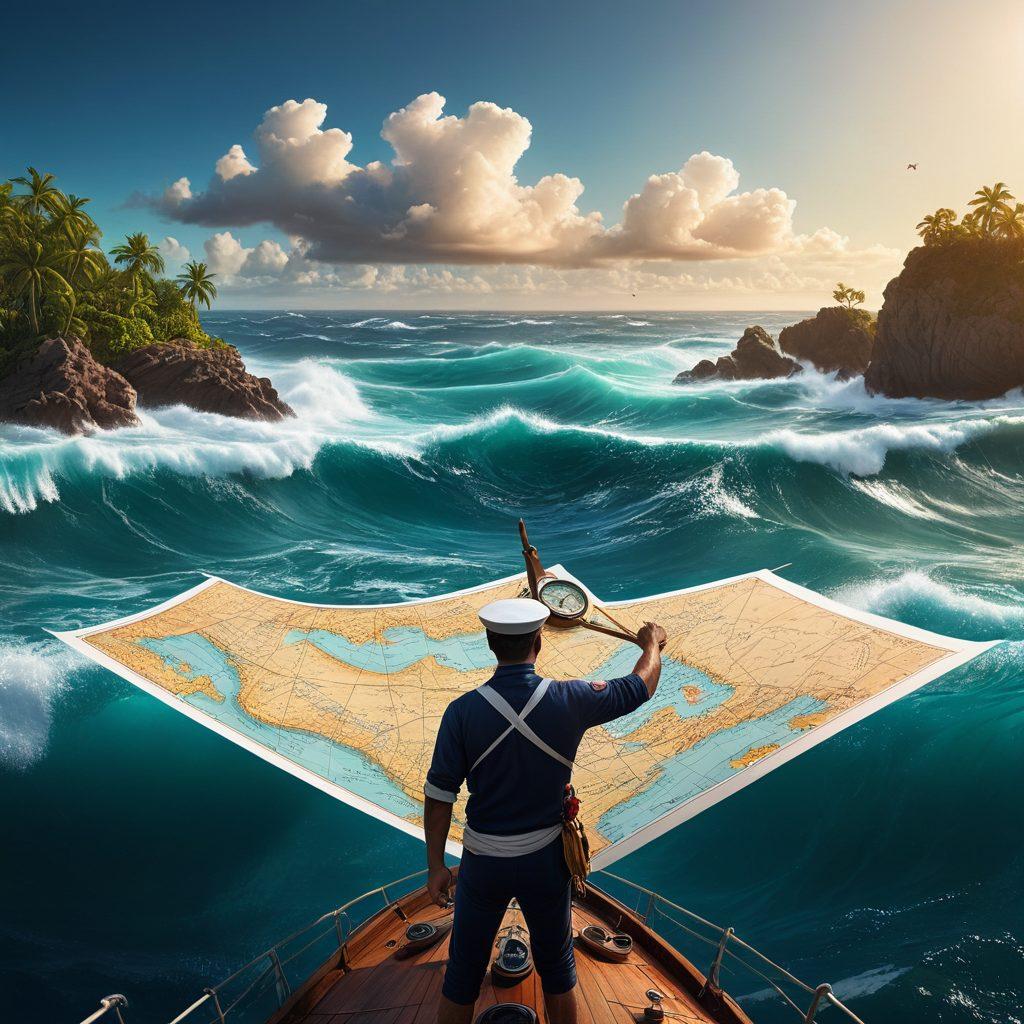 A vibrant scene of a professional navigating a vast ocean, with a map and compass in hand, sailing towards a horizon filled with adventure and opportunities. In the background, silhouettes of various exotic locations like tropical islands and bustling seaside towns. Elements like job listings and travel gear subtly integrated into the waves. Bright, inviting colors to evoke a sense of adventure and possibility. super-realistic. vibrant colors. 3D.
